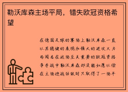 勒沃库森主场平局，错失欧冠资格希望