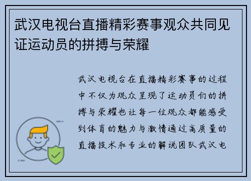 武汉电视台直播精彩赛事观众共同见证运动员的拼搏与荣耀